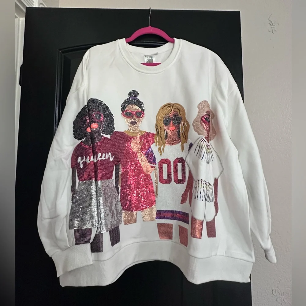 QUEEN OF SPARKLES White Sweatshirt with Colorful Design - Picture 1 of 5